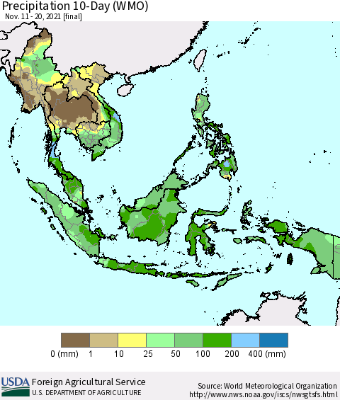 South East Asia Precipitation 10-Day (WMO) Thematic Map For 11/11/2021 - 11/20/2021