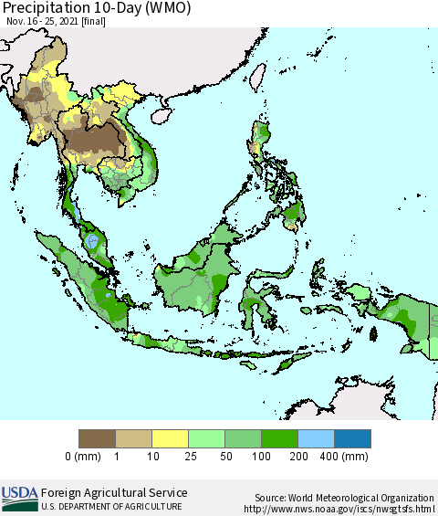 South East Asia Precipitation 10-Day (WMO) Thematic Map For 11/16/2021 - 11/25/2021