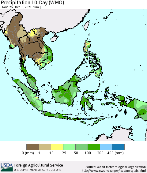 South East Asia Precipitation 10-Day (WMO) Thematic Map For 11/26/2021 - 12/5/2021