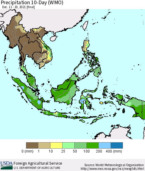 South East Asia Precipitation 10-Day (WMO) Thematic Map For 12/11/2021 - 12/20/2021
