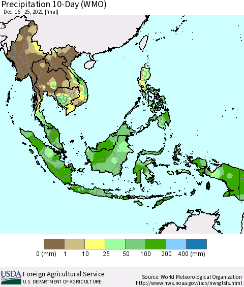 South East Asia Precipitation 10-Day (WMO) Thematic Map For 12/16/2021 - 12/25/2021
