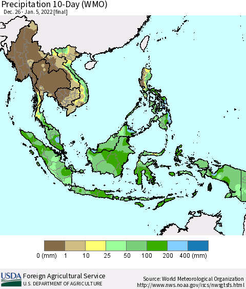 South East Asia Precipitation 10-Day (WMO) Thematic Map For 12/26/2021 - 1/5/2022