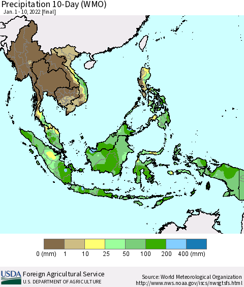 South East Asia Precipitation 10-Day (WMO) Thematic Map For 1/1/2022 - 1/10/2022
