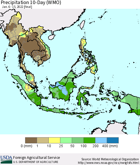 South East Asia Precipitation 10-Day (WMO) Thematic Map For 1/6/2022 - 1/15/2022