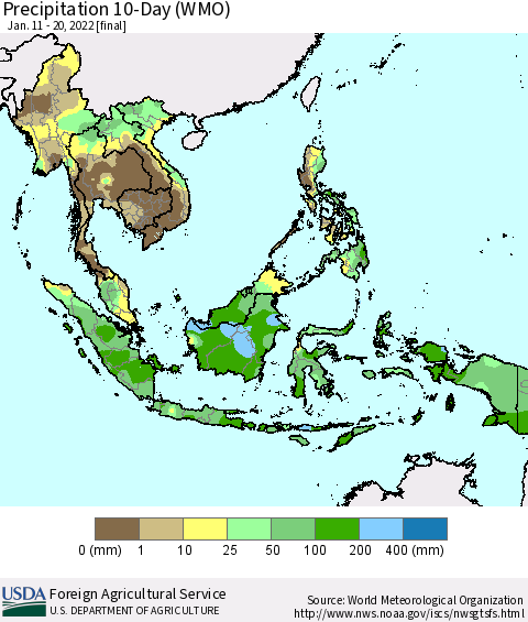 South East Asia Precipitation 10-Day (WMO) Thematic Map For 1/11/2022 - 1/20/2022