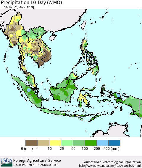South East Asia Precipitation 10-Day (WMO) Thematic Map For 1/16/2022 - 1/25/2022