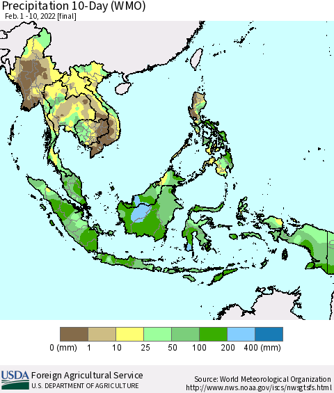 South East Asia Precipitation 10-Day (WMO) Thematic Map For 2/1/2022 - 2/10/2022