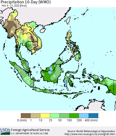 South East Asia Precipitation 10-Day (WMO) Thematic Map For 2/6/2022 - 2/15/2022