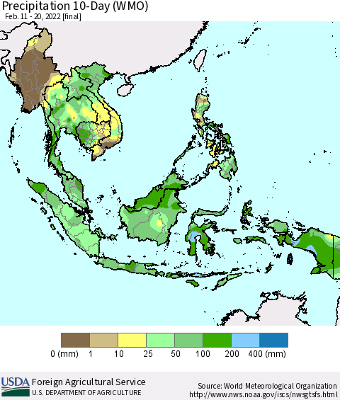 South East Asia Precipitation 10-Day (WMO) Thematic Map For 2/11/2022 - 2/20/2022