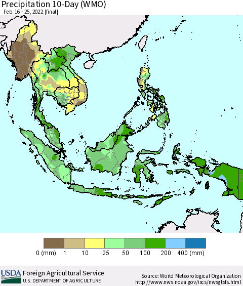 South East Asia Precipitation 10-Day (WMO) Thematic Map For 2/16/2022 - 2/25/2022