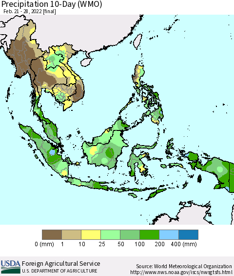 South East Asia Precipitation 10-Day (WMO) Thematic Map For 2/21/2022 - 2/28/2022