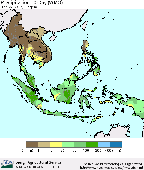 South East Asia Precipitation 10-Day (WMO) Thematic Map For 2/26/2022 - 3/5/2022