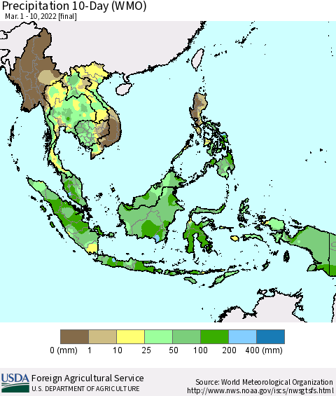 South East Asia Precipitation 10-Day (WMO) Thematic Map For 3/1/2022 - 3/10/2022