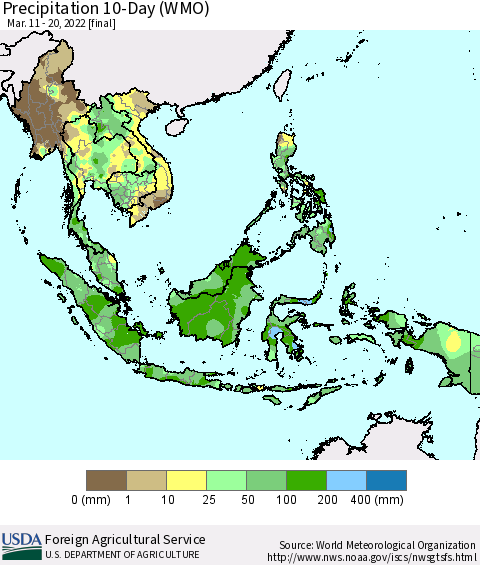 South East Asia Precipitation 10-Day (WMO) Thematic Map For 3/11/2022 - 3/20/2022