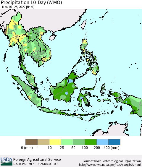 South East Asia Precipitation 10-Day (WMO) Thematic Map For 3/16/2022 - 3/25/2022