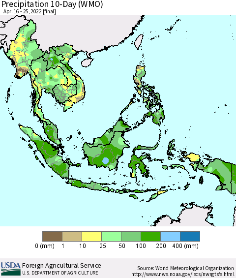 South East Asia Precipitation 10-Day (WMO) Thematic Map For 4/16/2022 - 4/25/2022