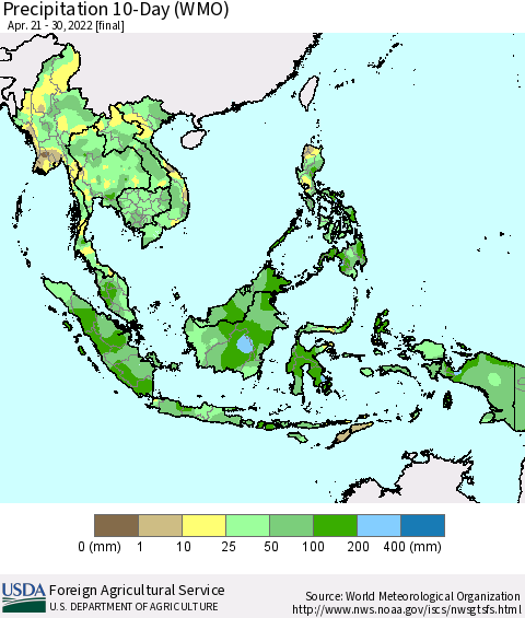 South East Asia Precipitation 10-Day (WMO) Thematic Map For 4/21/2022 - 4/30/2022