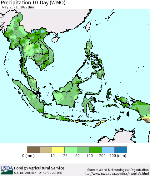 South East Asia Precipitation 10-Day (WMO) Thematic Map For 5/21/2022 - 5/31/2022