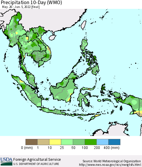 South East Asia Precipitation 10-Day (WMO) Thematic Map For 5/26/2022 - 6/5/2022