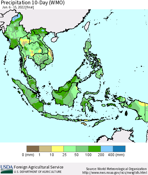 South East Asia Precipitation 10-Day (WMO) Thematic Map For 6/6/2022 - 6/15/2022