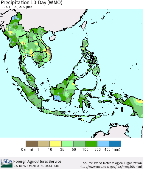 South East Asia Precipitation 10-Day (WMO) Thematic Map For 6/11/2022 - 6/20/2022