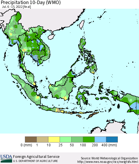 South East Asia Precipitation 10-Day (WMO) Thematic Map For 7/6/2022 - 7/15/2022