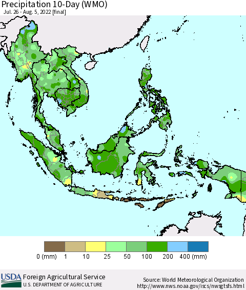 South East Asia Precipitation 10-Day (WMO) Thematic Map For 7/26/2022 - 8/5/2022