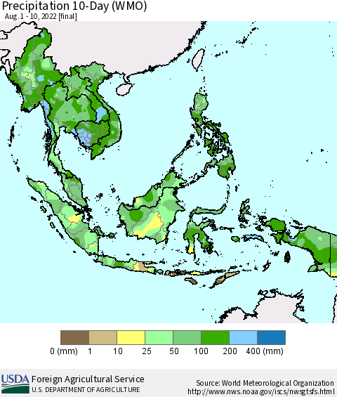 South East Asia Precipitation 10-Day (WMO) Thematic Map For 8/1/2022 - 8/10/2022