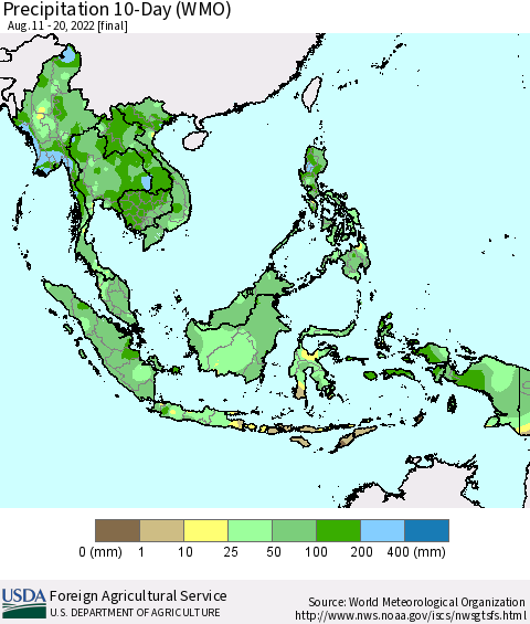 South East Asia Precipitation 10-Day (WMO) Thematic Map For 8/11/2022 - 8/20/2022
