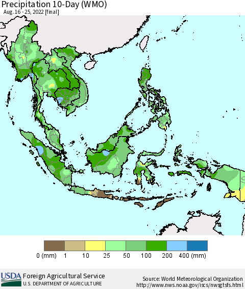South East Asia Precipitation 10-Day (WMO) Thematic Map For 8/16/2022 - 8/25/2022