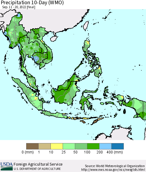 South East Asia Precipitation 10-Day (WMO) Thematic Map For 9/11/2022 - 9/20/2022