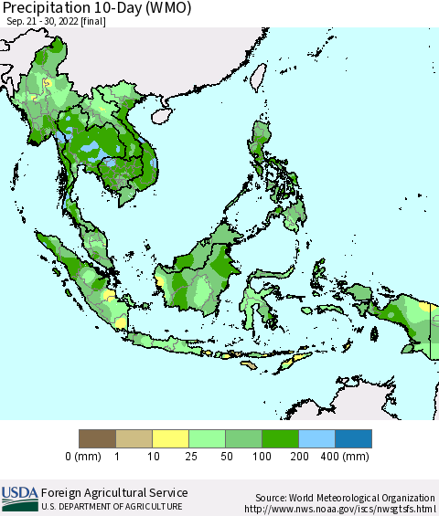 South East Asia Precipitation 10-Day (WMO) Thematic Map For 9/21/2022 - 9/30/2022