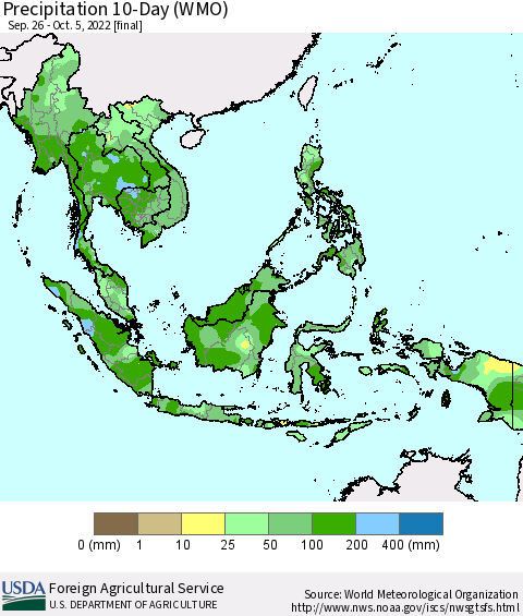 South East Asia Precipitation 10-Day (WMO) Thematic Map For 9/26/2022 - 10/5/2022