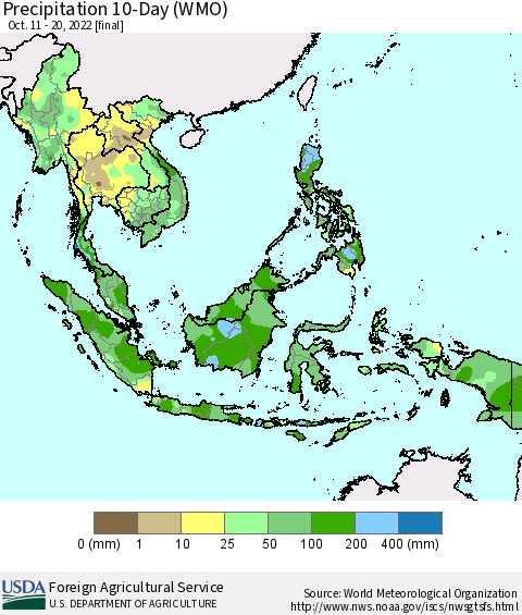 South East Asia Precipitation 10-Day (WMO) Thematic Map For 10/11/2022 - 10/20/2022