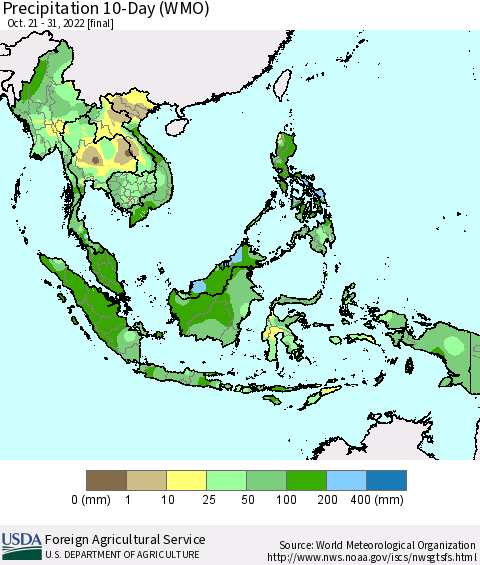 South East Asia Precipitation 10-Day (WMO) Thematic Map For 10/21/2022 - 10/31/2022