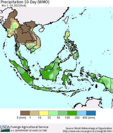 South East Asia Precipitation 10-Day (WMO) Thematic Map For 11/1/2022 - 11/10/2022