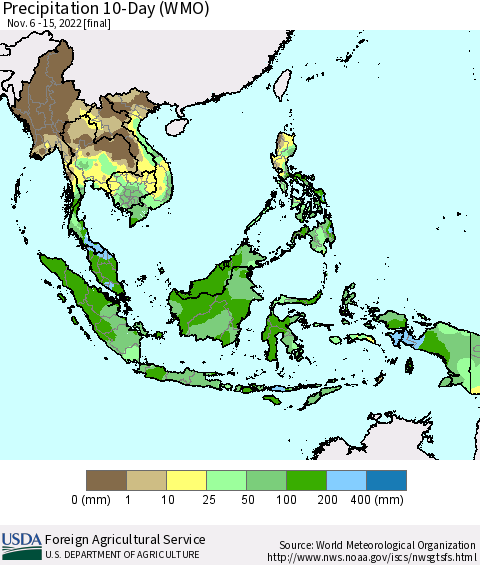 South East Asia Precipitation 10-Day (WMO) Thematic Map For 11/6/2022 - 11/15/2022