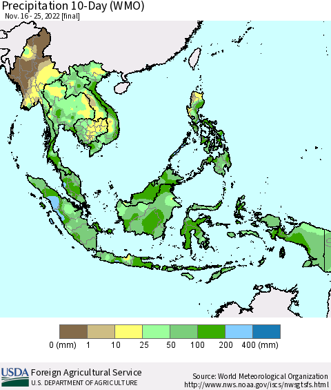 South East Asia Precipitation 10-Day (WMO) Thematic Map For 11/16/2022 - 11/25/2022