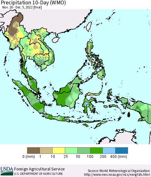 South East Asia Precipitation 10-Day (WMO) Thematic Map For 11/26/2022 - 12/5/2022