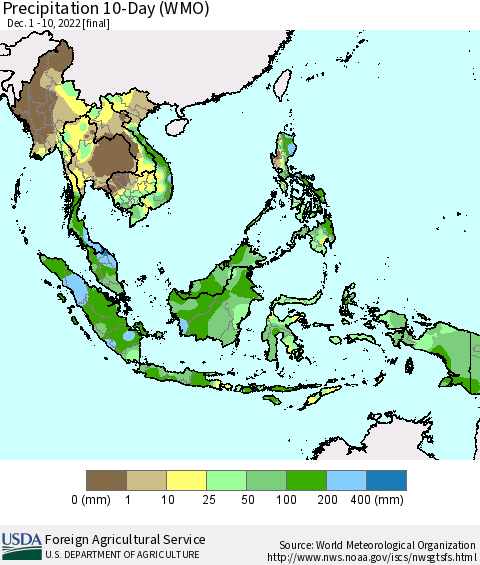 South East Asia Precipitation 10-Day (WMO) Thematic Map For 12/1/2022 - 12/10/2022