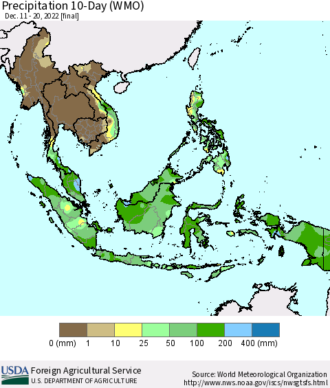 South East Asia Precipitation 10-Day (WMO) Thematic Map For 12/11/2022 - 12/20/2022
