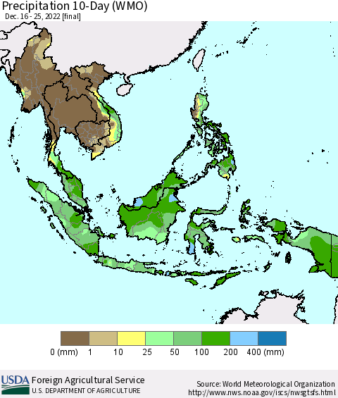 South East Asia Precipitation 10-Day (WMO) Thematic Map For 12/16/2022 - 12/25/2022