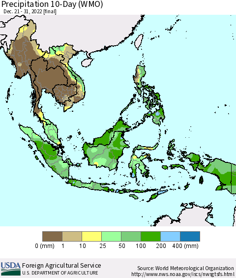 South East Asia Precipitation 10-Day (WMO) Thematic Map For 12/21/2022 - 12/31/2022