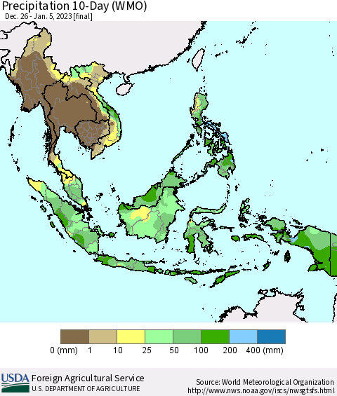 South East Asia Precipitation 10-Day (WMO) Thematic Map For 12/26/2022 - 1/5/2023