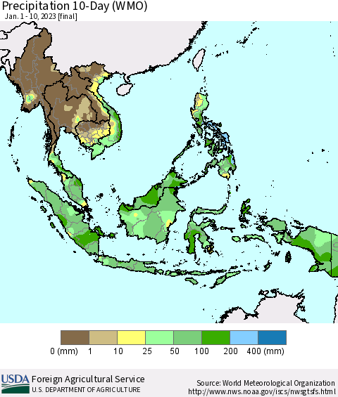 South East Asia Precipitation 10-Day (WMO) Thematic Map For 1/1/2023 - 1/10/2023