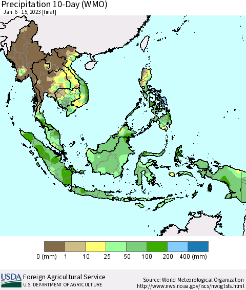South East Asia Precipitation 10-Day (WMO) Thematic Map For 1/6/2023 - 1/15/2023