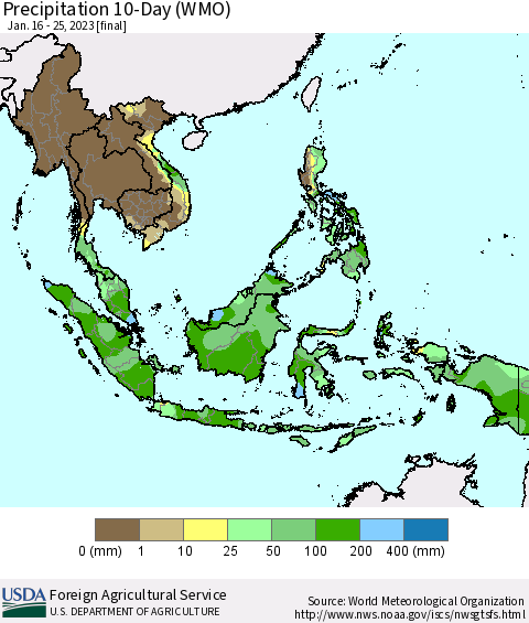South East Asia Precipitation 10-Day (WMO) Thematic Map For 1/16/2023 - 1/25/2023