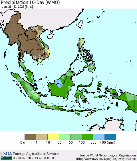 South East Asia Precipitation 10-Day (WMO) Thematic Map For 1/21/2023 - 1/31/2023