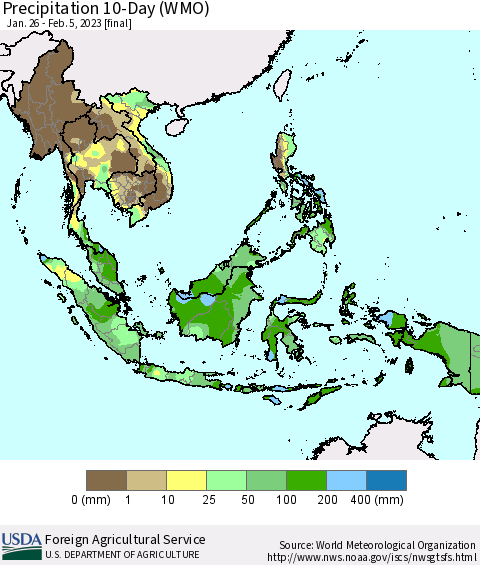 South East Asia Precipitation 10-Day (WMO) Thematic Map For 1/26/2023 - 2/5/2023