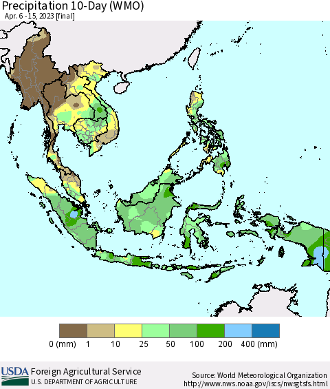South East Asia Precipitation 10-Day (WMO) Thematic Map For 4/6/2023 - 4/15/2023